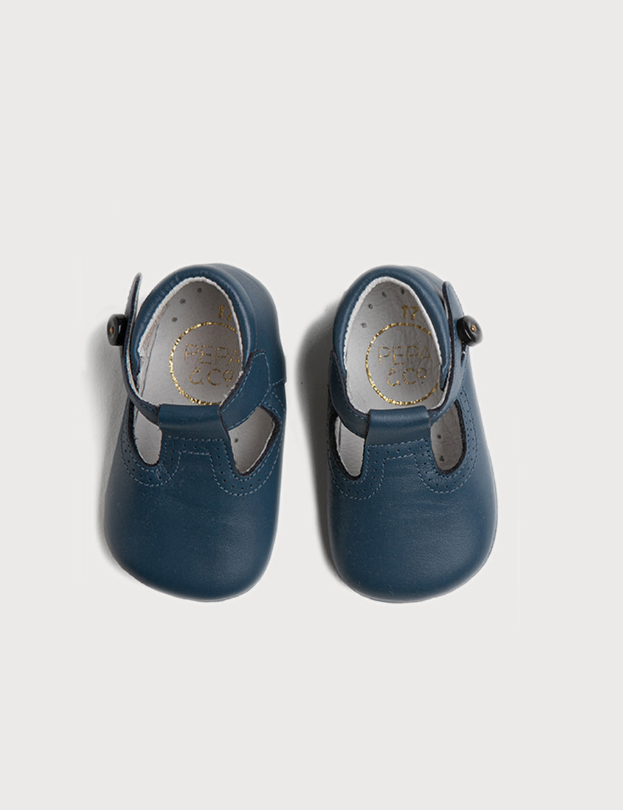 Leather T-Bar Pram Shoes in Classic Blue (17-20EU) Shoes from Pepa London
