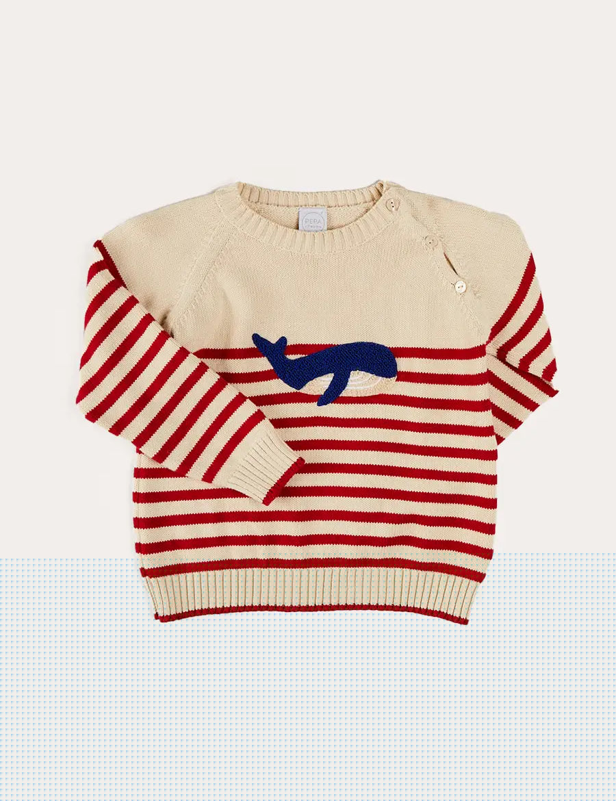 Whale Intarsia Striped Jumper in Red (6mths-6yrs) KNITWEAR from Pepa London