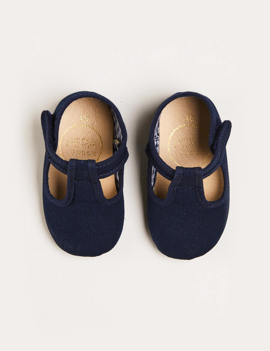 Woven T-Bar Pram Shoes in Navy (17-20EU) Shoes from Pepa London