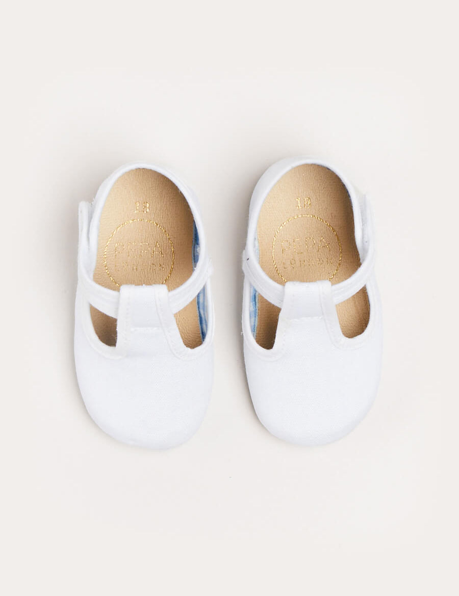 Woven T-Bar Pram Shoes in White (17-20EU) Shoes from Pepa London