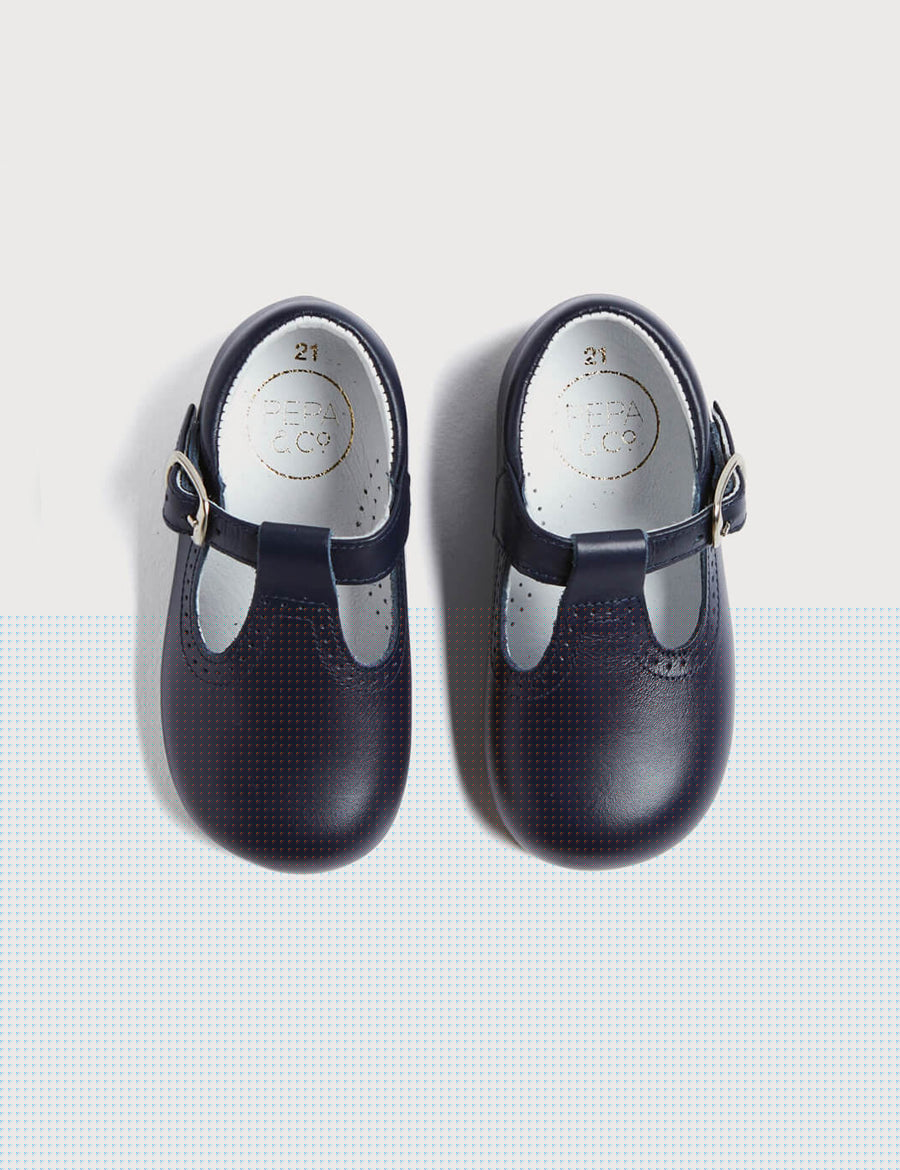 Leather T Bar Baby Shoes in Navy (20-26EU) Shoes from Pepa London