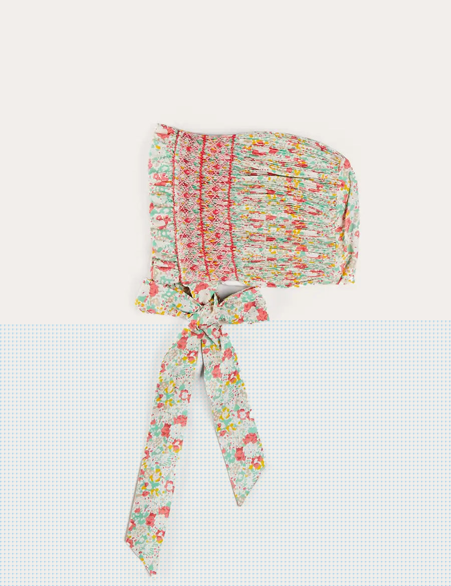 Clementine Floral Hand Smocked Bonnet in Coral (S-M) BONNETS from Pepa London