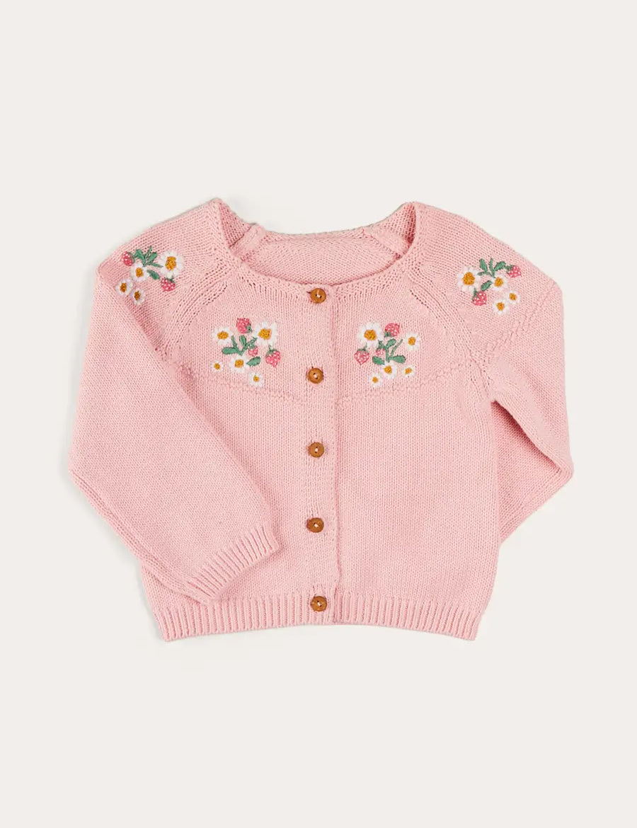 Strawberry Embroidery Cardigan in Pink (12mths-6yrs) KNITWEAR from Pepa London