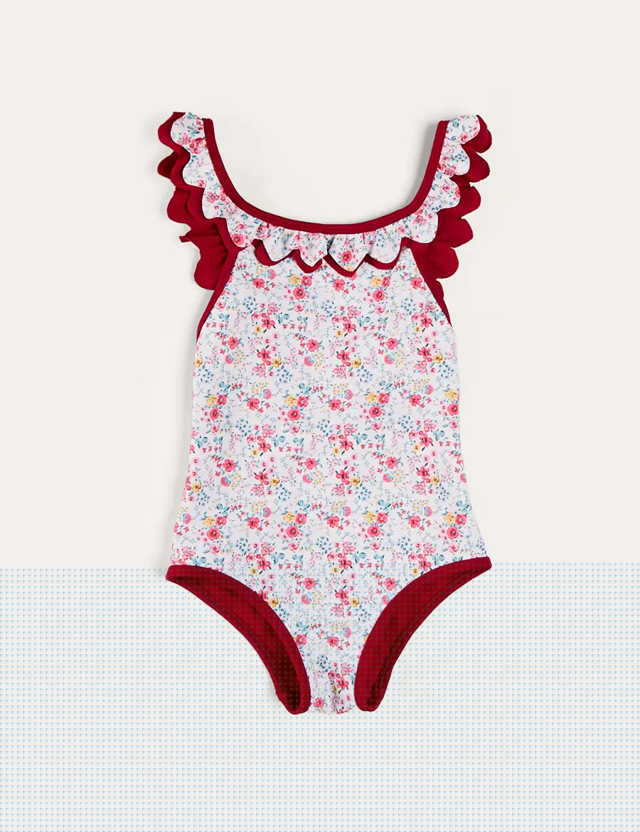 Louisa Floral Ruffle Trim Swimsuit in Pink (2-10yrs) SWIMWEAR from Pepa London