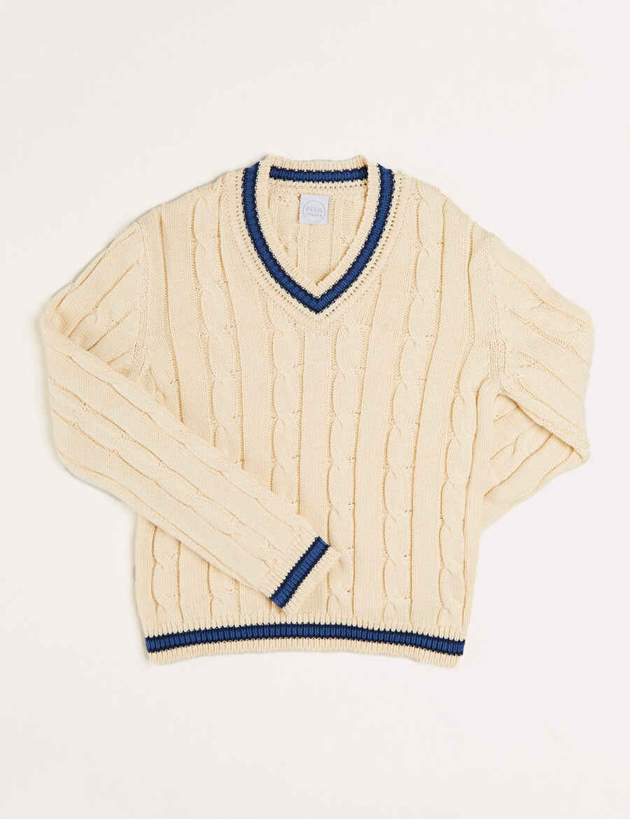 Cable Knit V-Neck Jumper in Cream (4-10yrs) Knitwear from Pepa London