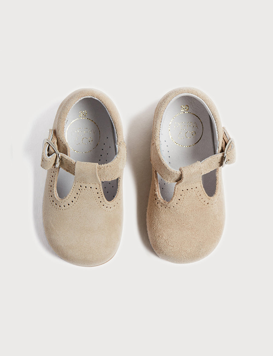 T-Bar Suede Baby Shoes in Beige (20-24EU) Shoes from Pepa London