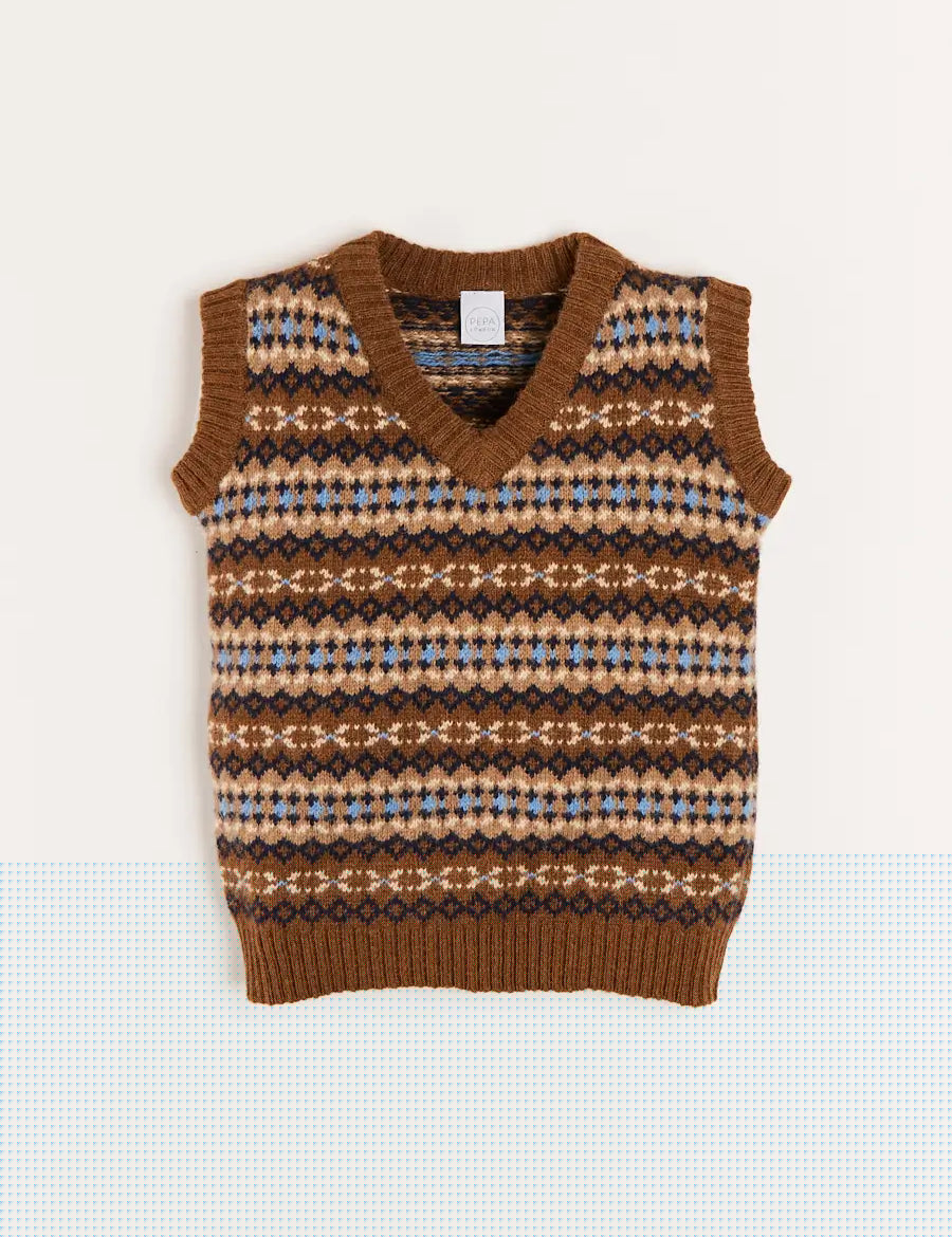 All Over Fair Isle Vest in Camel (4-10yrs) Coats from Pepa London