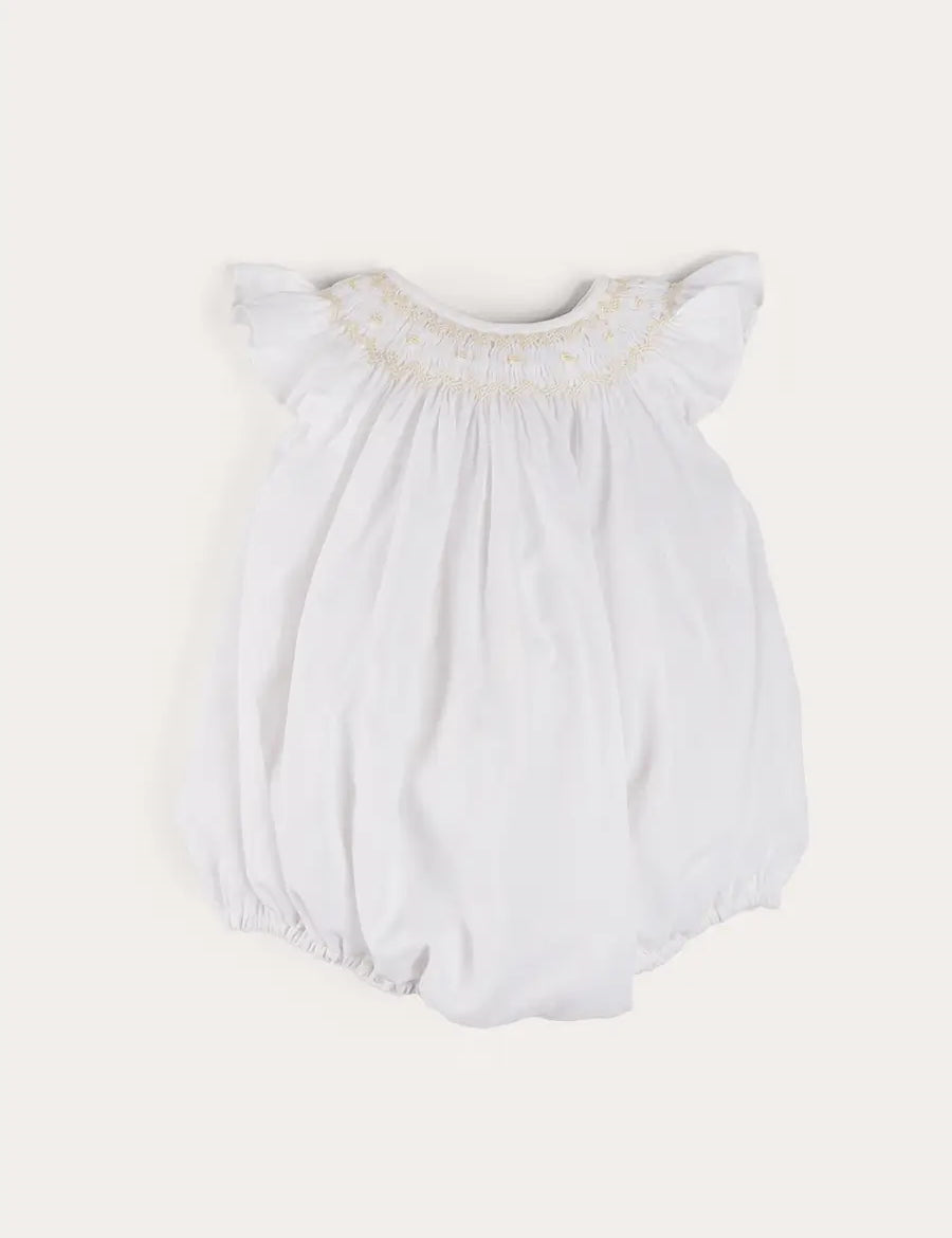 Hand Smocked Sleeveless Romper in White (3-18mths) ROMPERS from Pepa London
