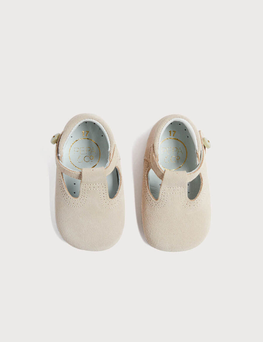 Suede T-Bar Pram Shoes in Beige (17-20EU) Shoes from Pepa London