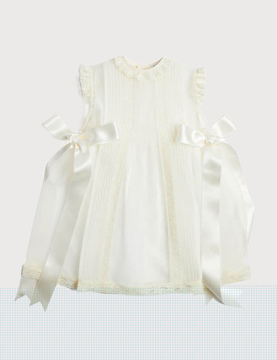 Lace Trim Fine Pleated Dress in Ivory (3mths-5yrs) Dresses from Pepa London
