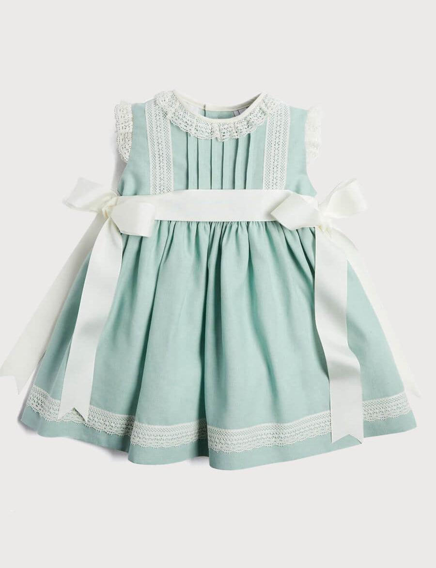Lace Trim Ivory Bow Dress in Teal (6mths-5yrs) dresses from Pepa London