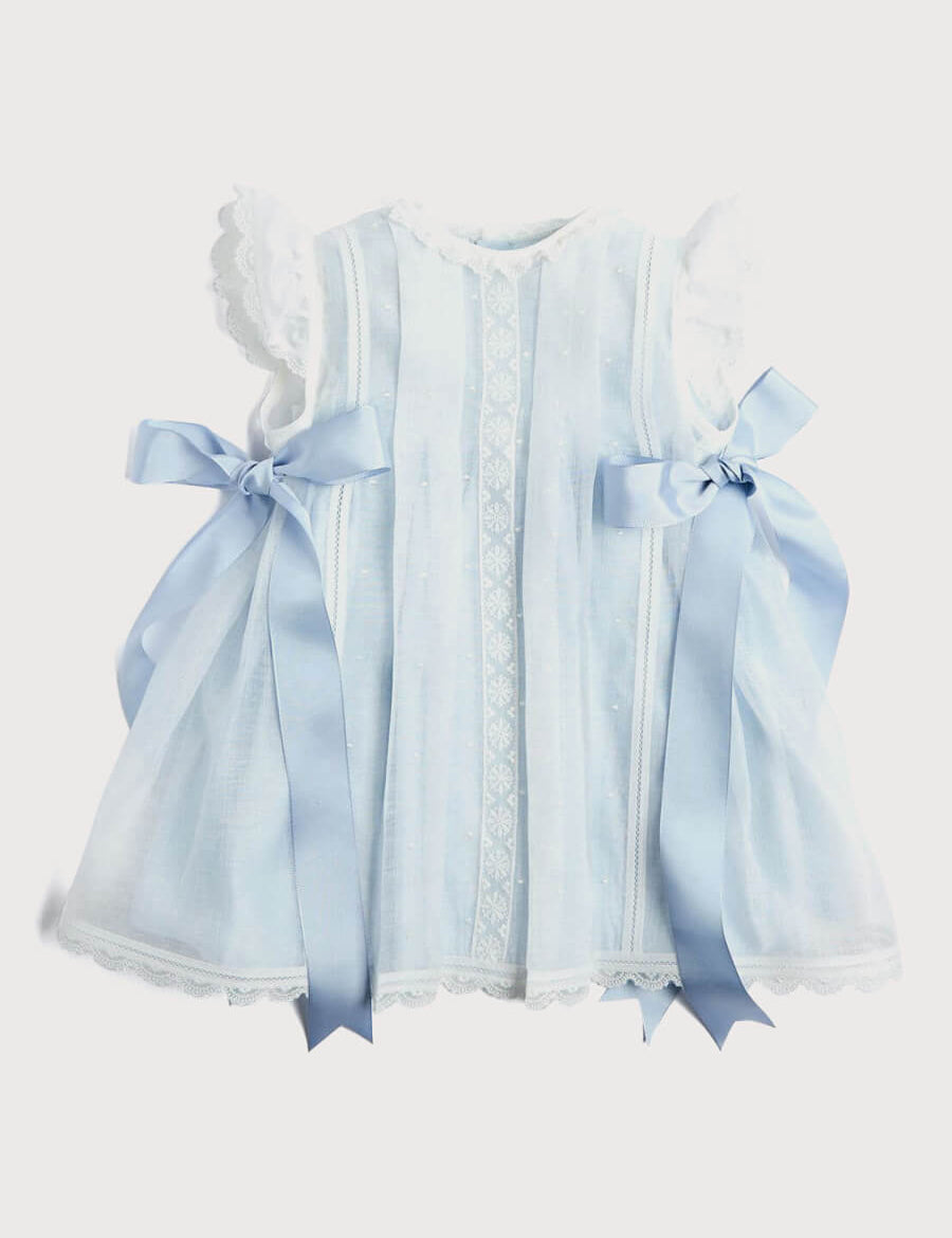 Lace Trim Satin Bow Dress in Pale Blue (6mths-5yrs) Dresses from Pepa London