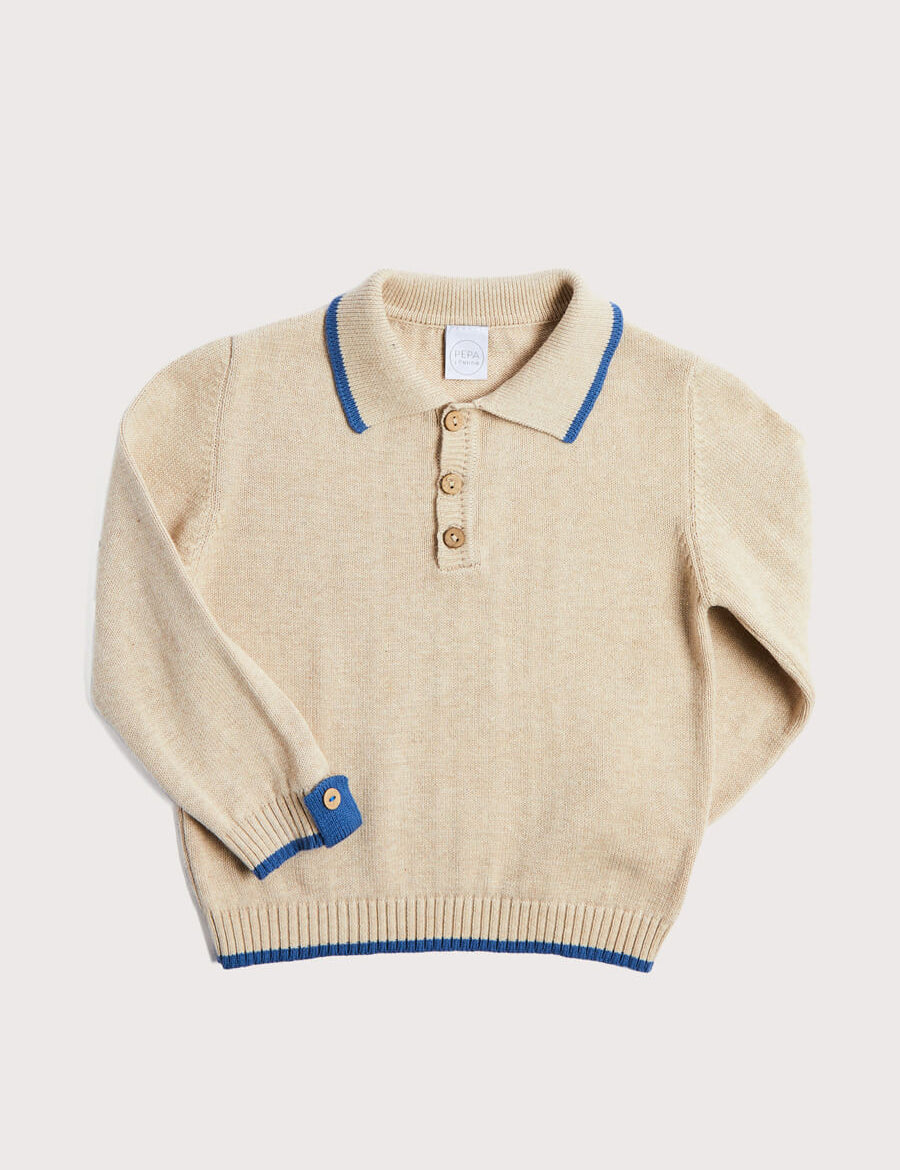 Polo Collar Stripe Sweater in Beige (12mths-10yrs) Knitwear from Pepa London