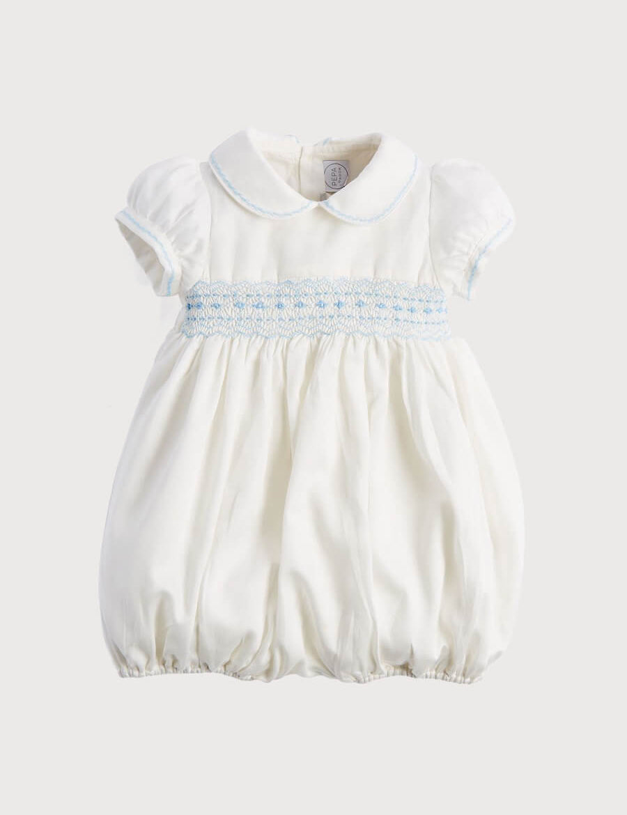Classic Off-White Blue Hand Smocked Romper (3-18mths) Rompers from Pepa London