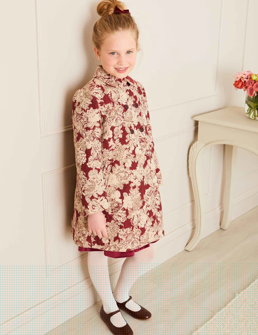 Eleanor Floral Jaquard Coat in Burgundy (4-10yrs) Coats  from Pepa London
