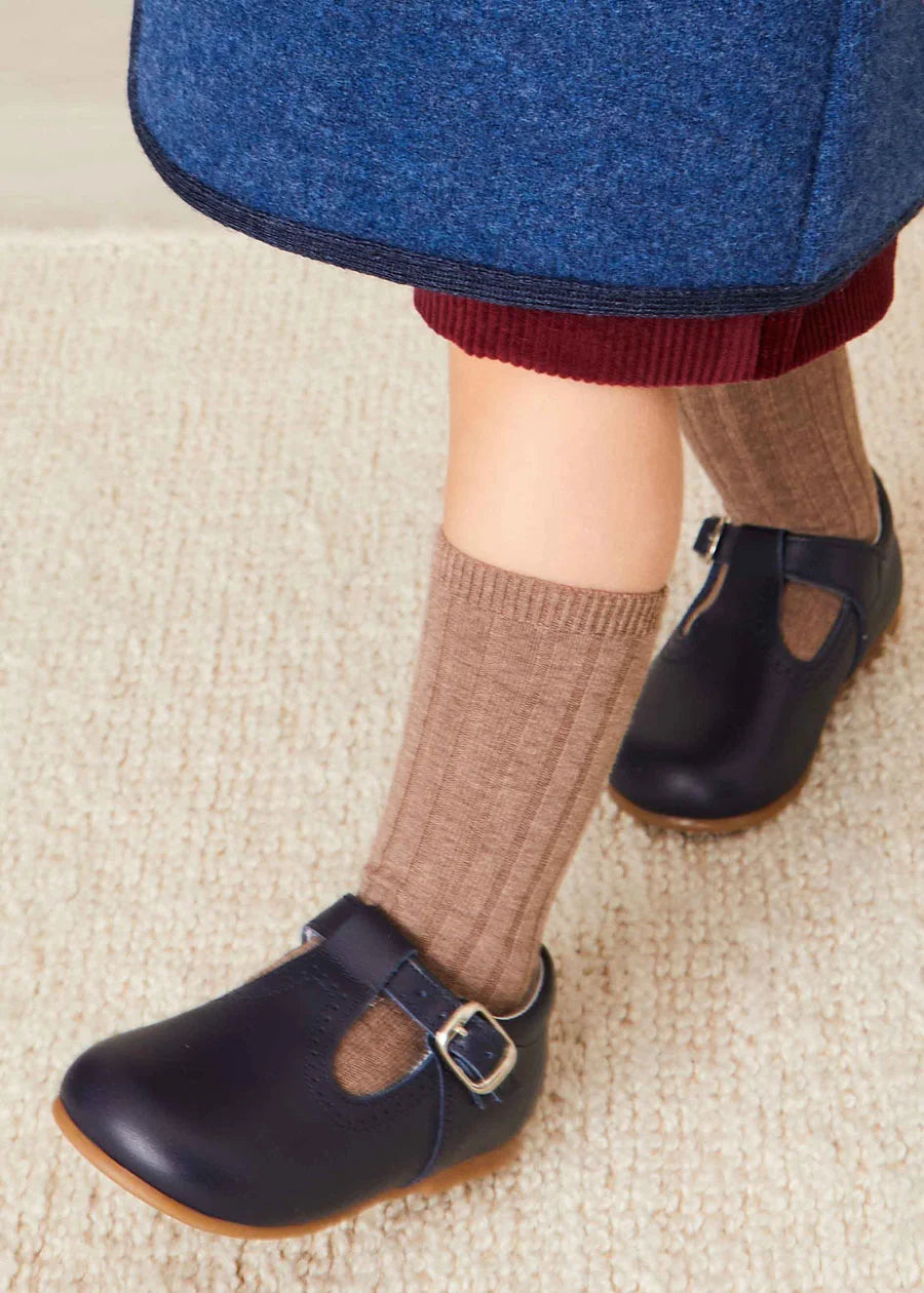 Leather T Bar Baby Shoes in Navy (20-26EU) Shoes  from Pepa London