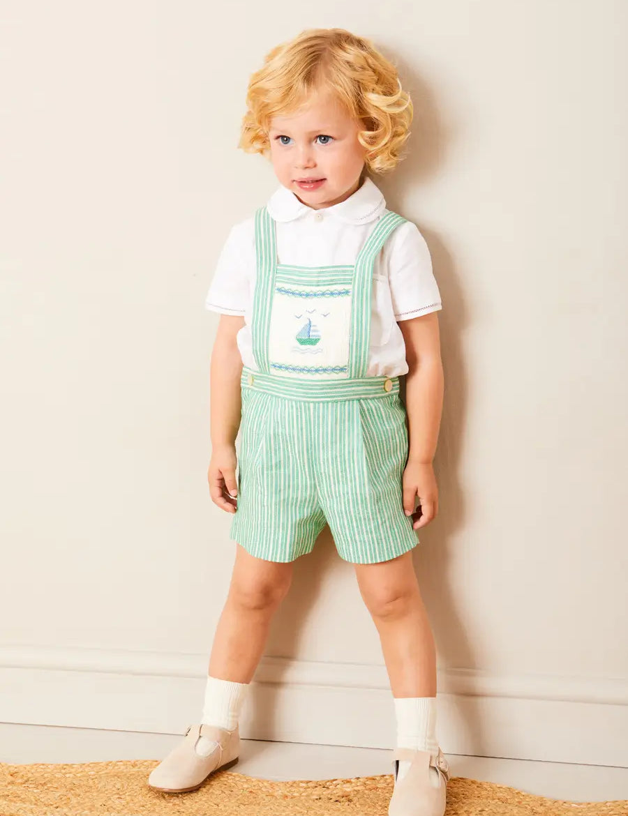 Cheyne Striped Boat Embroidery Dungarees in Green (18mths-4yrs) DUNGAREES from Pepa London