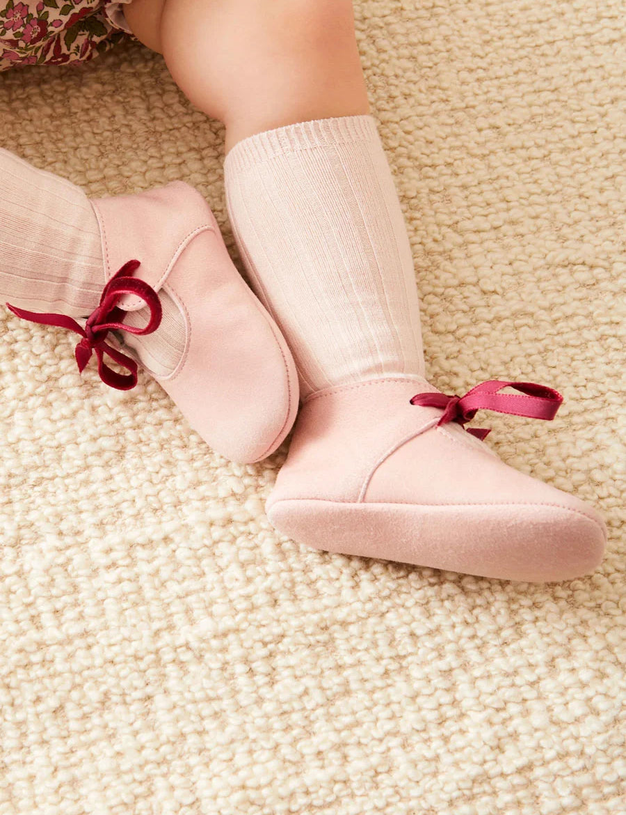 Suede Pink Baby Pram Shoes with Velvet Ribbon (17-20EU) Shoes  from Pepa London