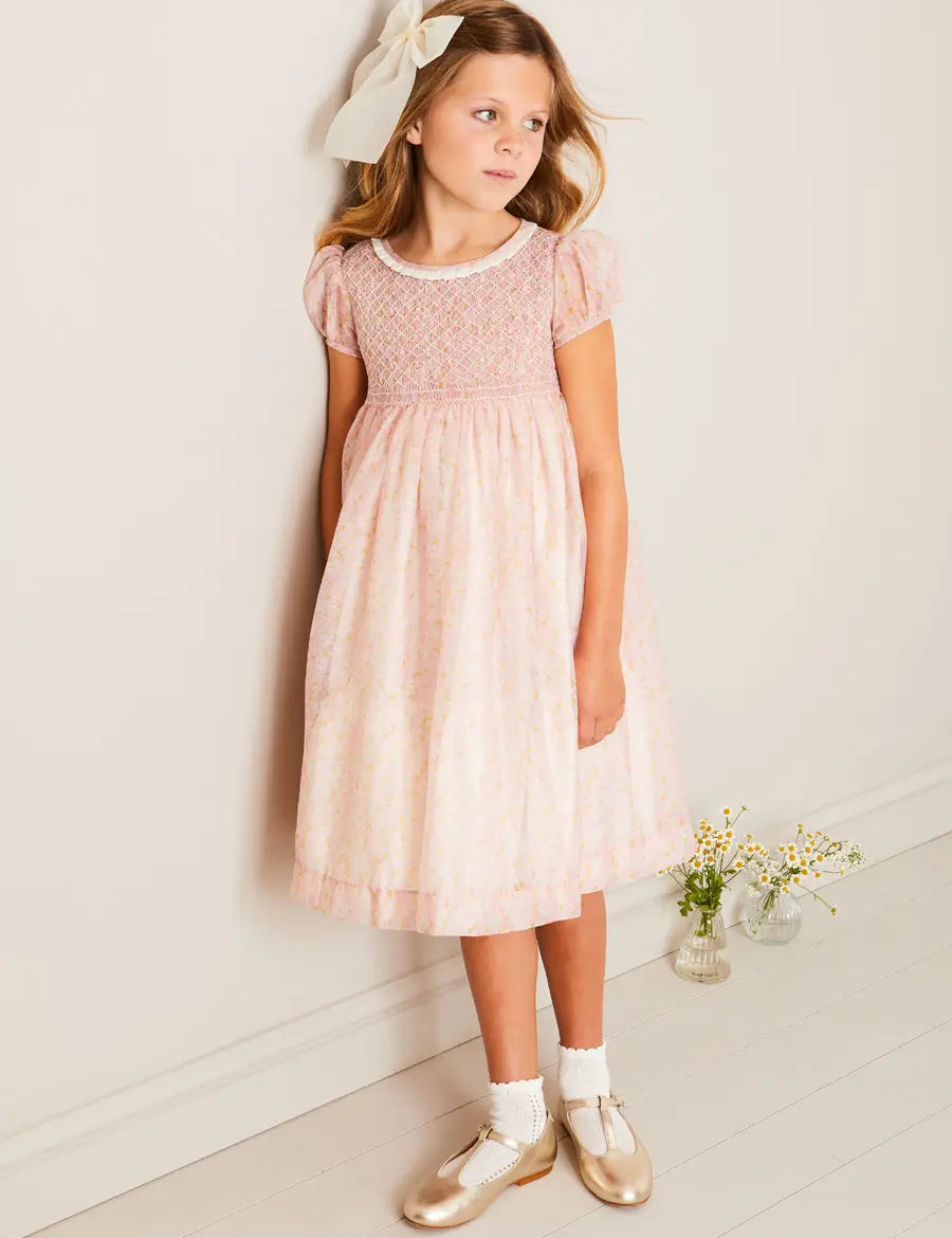 Constance Floral Hand Smocked Short Sleeve Party Dress in Pink (12mths-10yrs) DRESSES from Pepa London