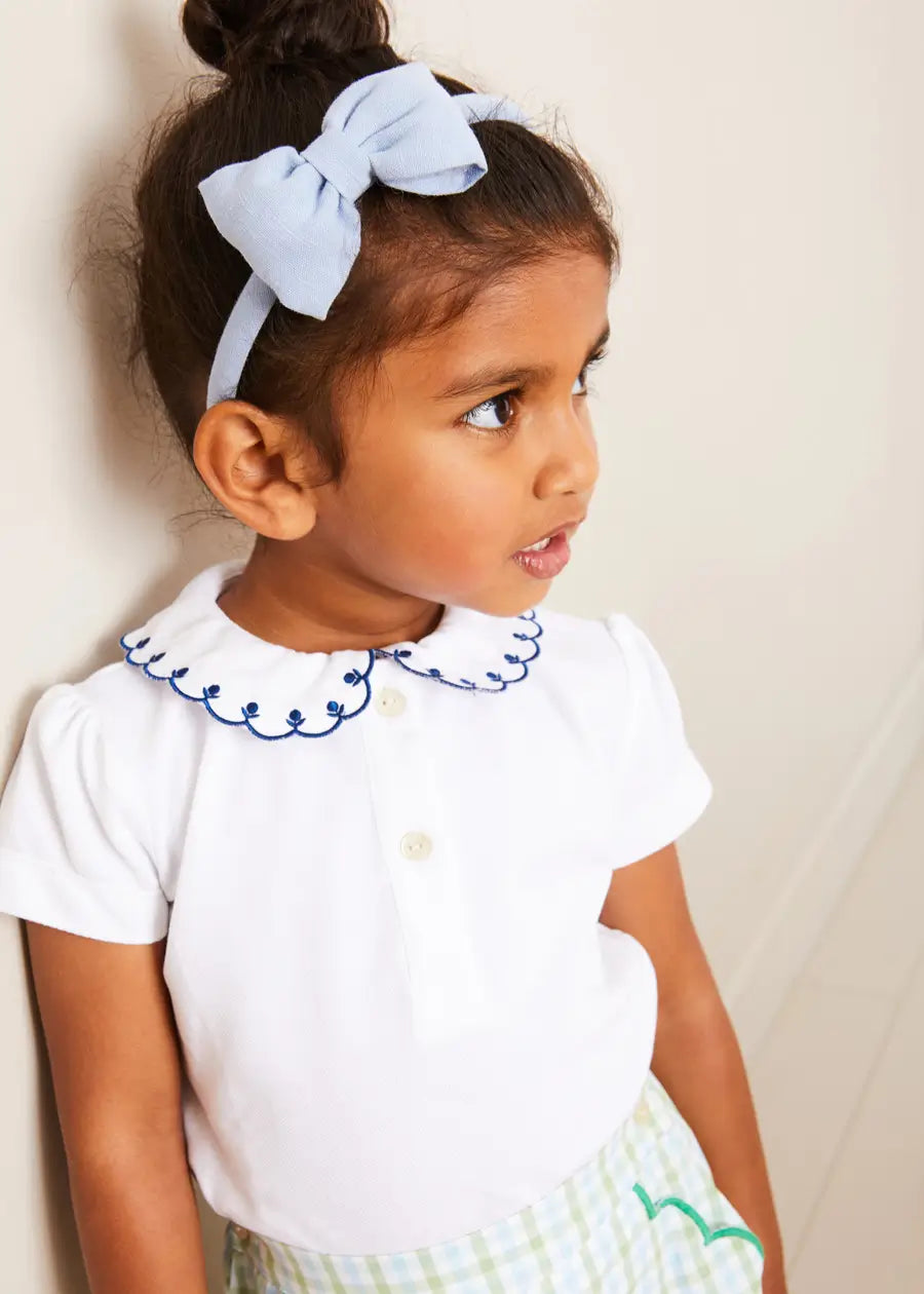 Embroidered Scallop Collar Short Sleeve Polo Shirt in Navy (2-10yrs) TOPS & BODYSUITS from Pepa London