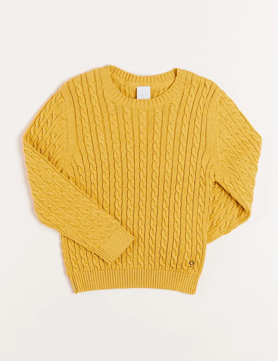 Cable Knit Crew Neck Jumper in Mustard (2-10yrs) Knitwear  from Pepa London