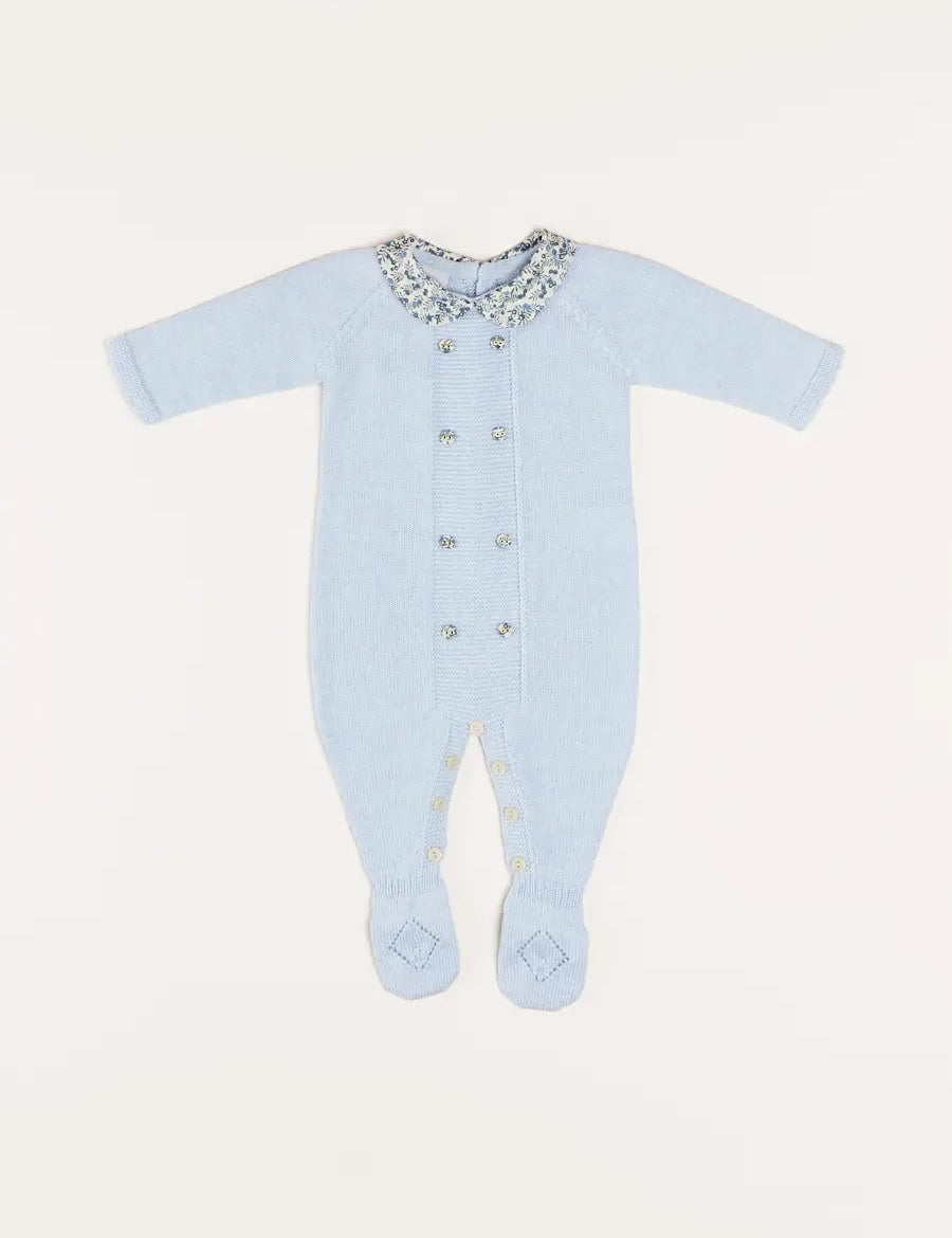 Evelyn Floral Peter Pan Collar Knitted All-In-One in Blue (1-6mths) Baby One-Pieces  from Pepa London
