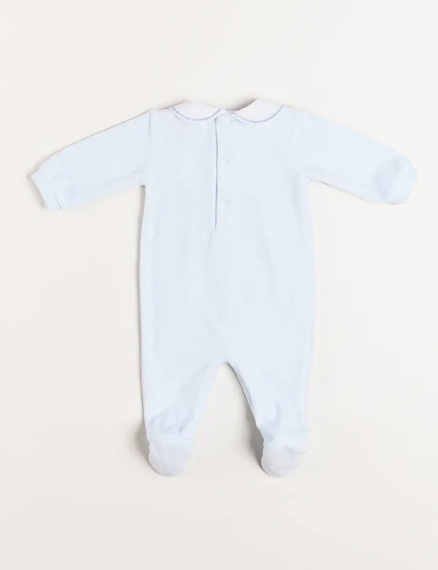 Velour Peter Pan Collar All-In-One in Blue (1mth-12mths) Baby One-Pieces  from Pepa London
