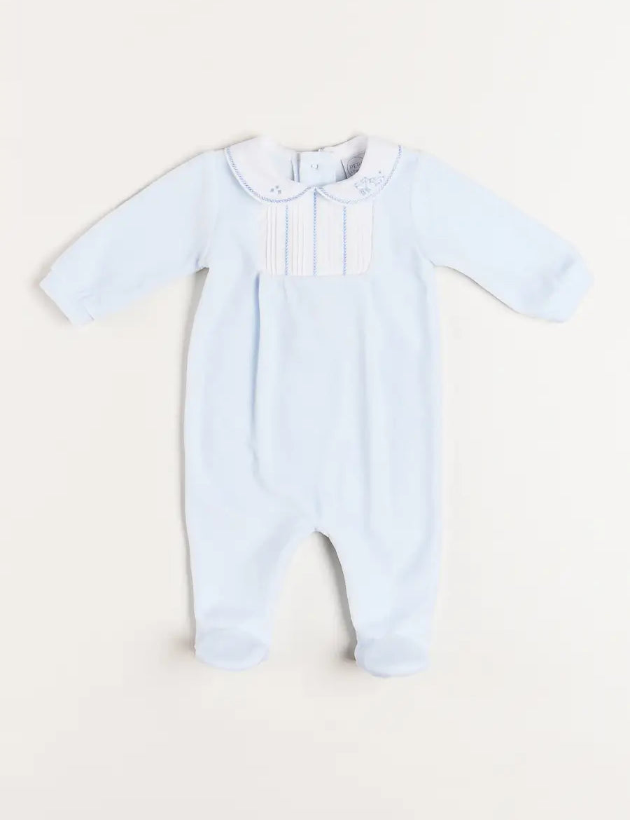 Velour Peter Pan Collar All-In-One in Blue (1mth-12mths) Baby One-Pieces  from Pepa London