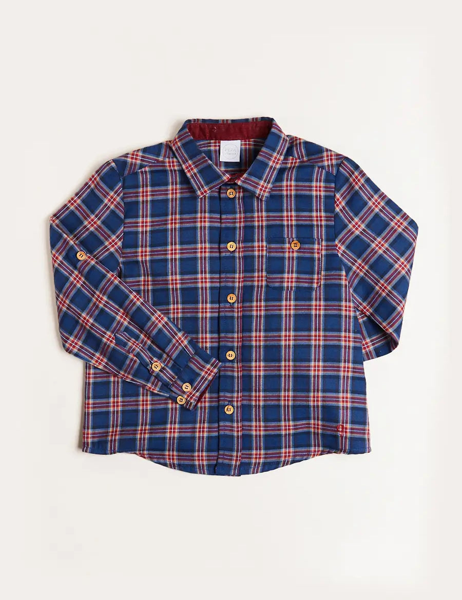 Eaton Check Polo Collar Long Sleeve Shirt in Navy (3-10yrs) Shirts  from Pepa London