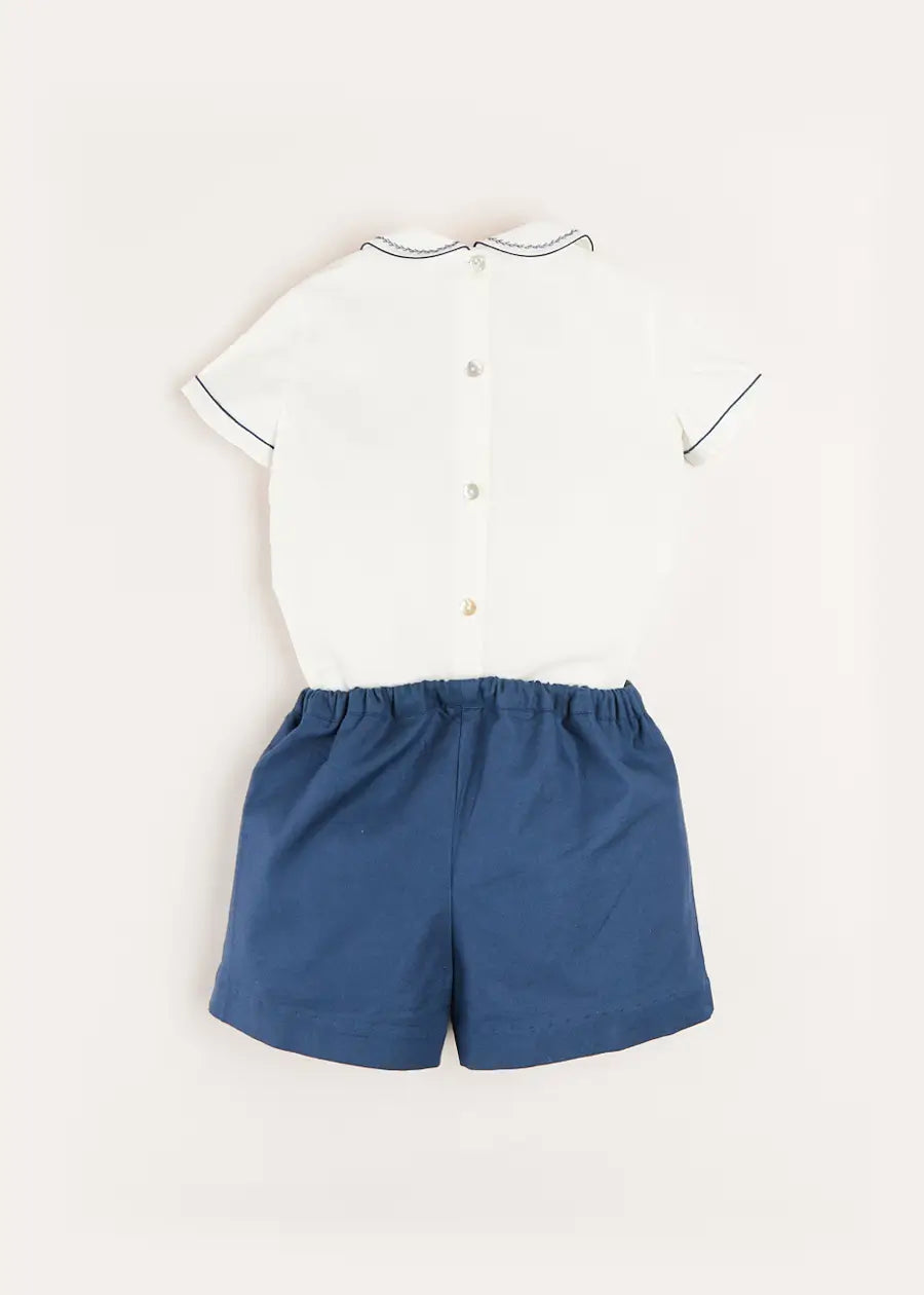 Hand Smocked Short Sleeve Two Piece Set in Royal Blue (18mths-5yrs) Two Piece Set  from Pepa London