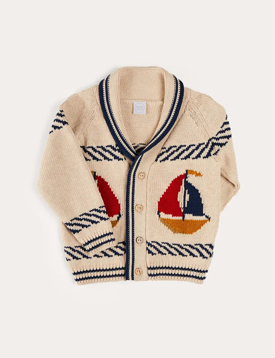 Boat Motif Shawl Neck Nautical Cardigan in Beige (2-10yrs) KNITWEAR from Pepa London