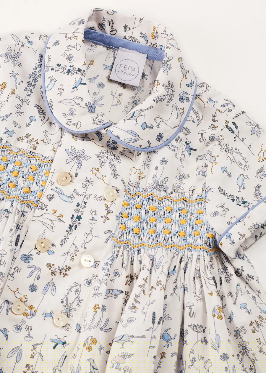 Ellis Liberty Print Hand Smocked Short Sleeve Shirt in Blue (6mths-4yrs) SHIRTS from Pepa London
