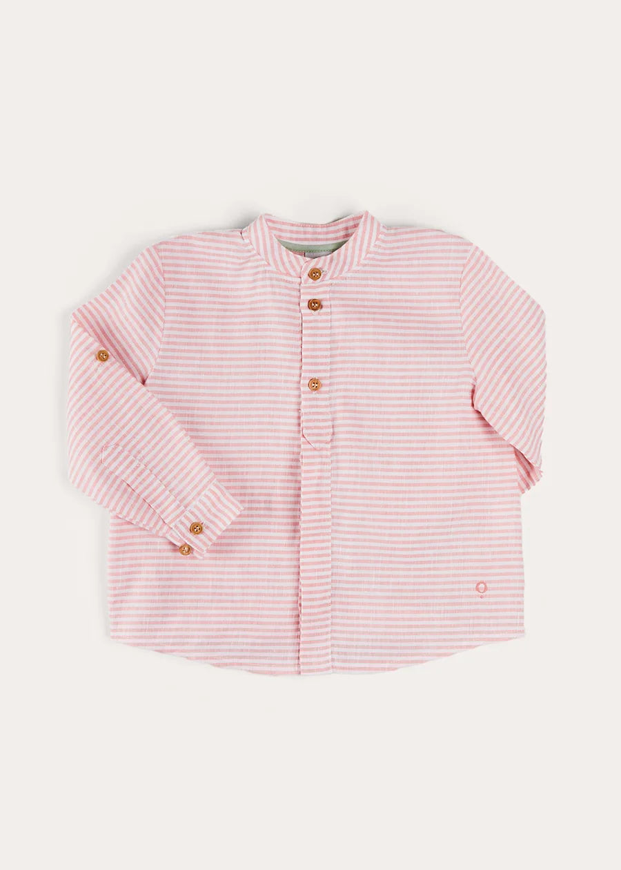 Hertford Striped Mao Collar Long Sleeve Shirt in Coral (12mths-10yrs) SHIRTS from Pepa London