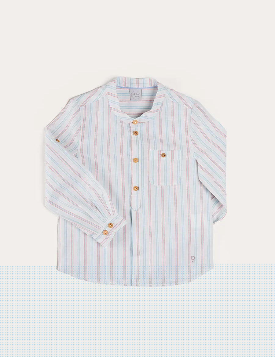Chesham Striped Mao Collar Long Sleeve Shirt in Red (3-10yrs) SHIRTS from Pepa London