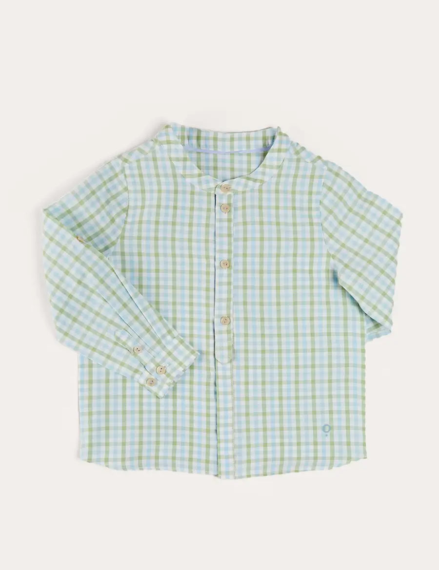 Maxwell Gingham Mao Collar Long Sleeve Shirt in Green (3-10yrs) SHIRTS from Pepa London