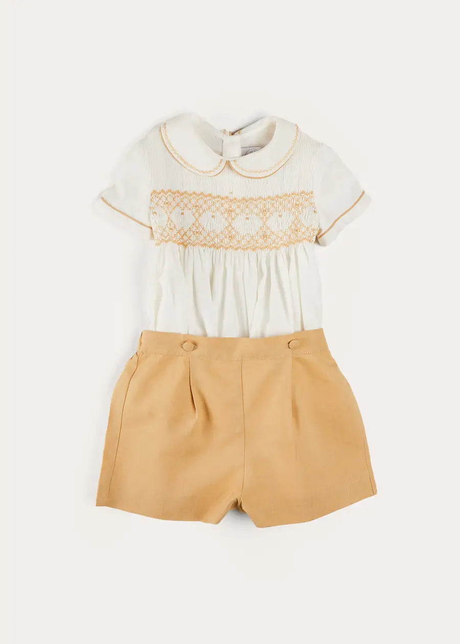 Hand Smocked Peter Pan Collar Short Sleeve Two Piece Set in Beige (18mths-6yrs) TWO PIECE SETS from Pepa London