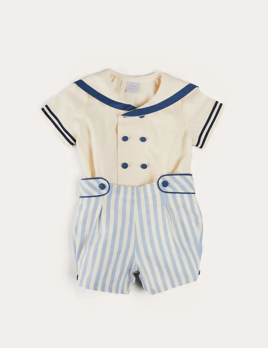 Regency Stripe Mariner Collar Two Piece Set With Bloomers in Blue (6mths-3yrs) TWO PIECE SETS from Pepa London