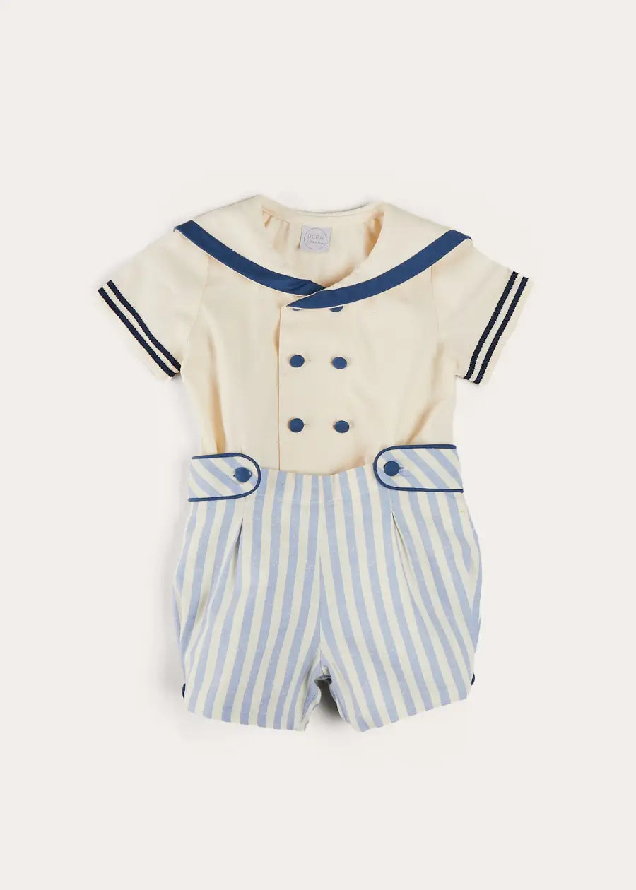 Regency Stripe Mariner Collar Two Piece Set With Bloomers in Blue (6mths-3yrs) TWO PIECE SETS from Pepa London