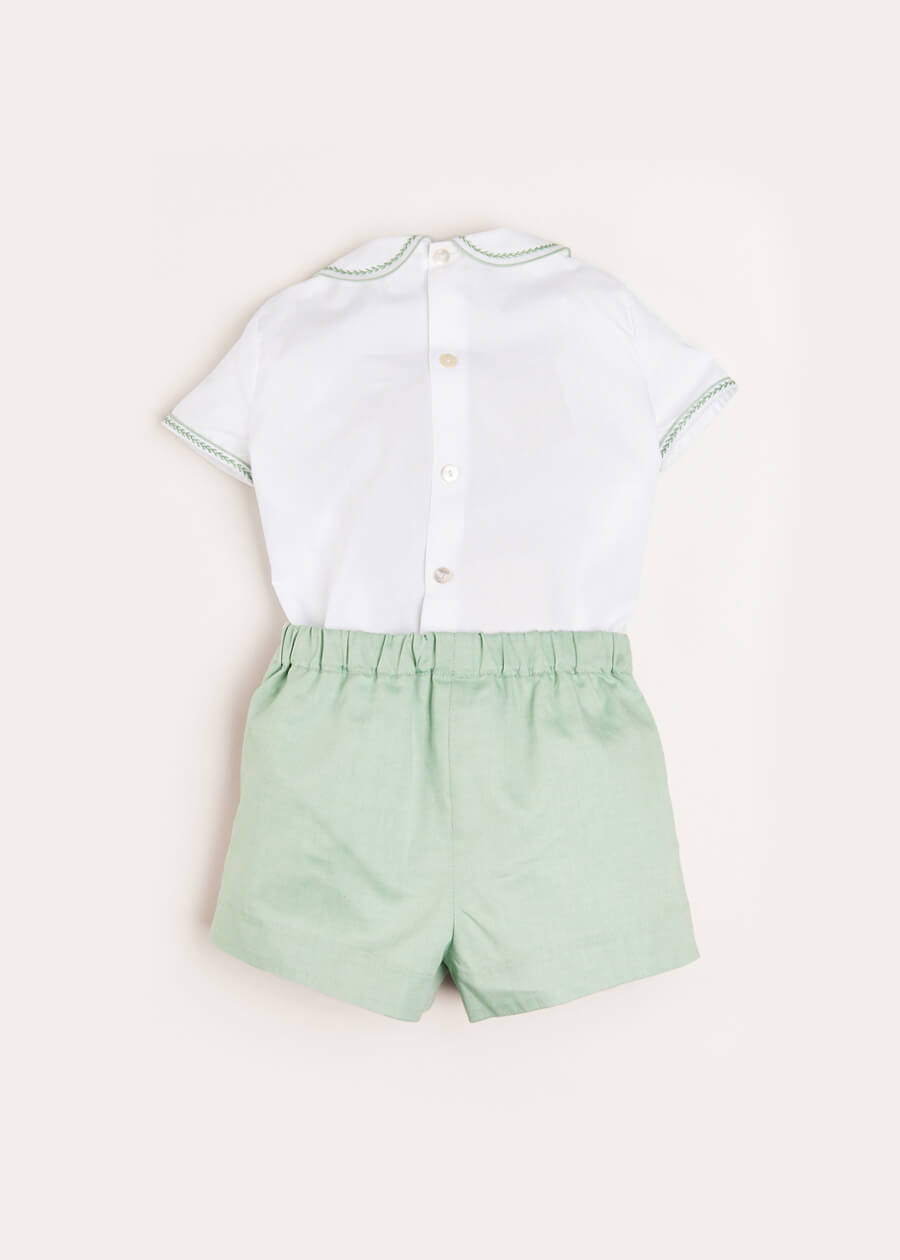 Hand Smocked Peter Pan Collar Short Sleeve Two Piece Set in Green (18mths-6yrs) Two Piece Set  from Pepa London