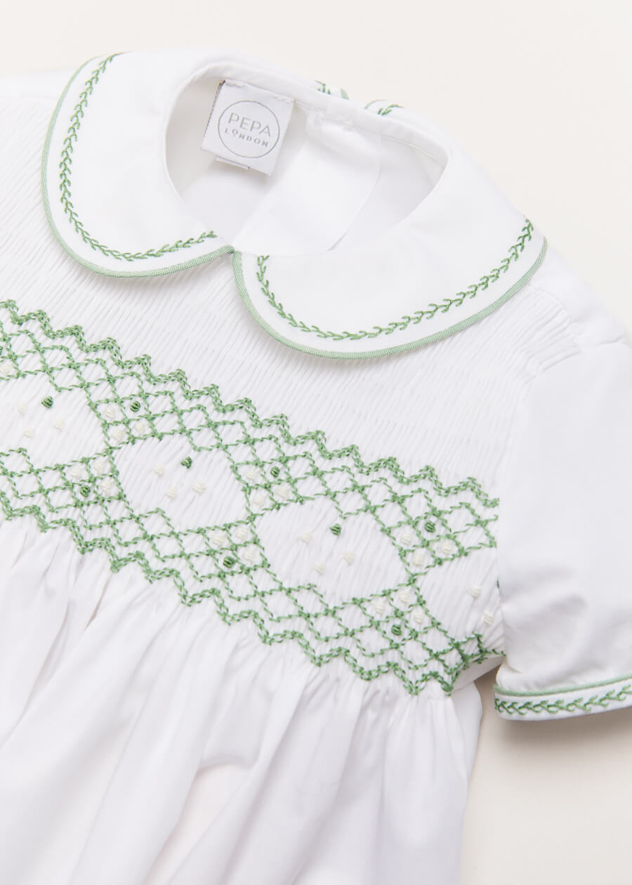 Hand Smocked Peter Pan Collar Short Sleeve Two Piece Set in Green (18mths-6yrs) Two Piece Set  from Pepa London