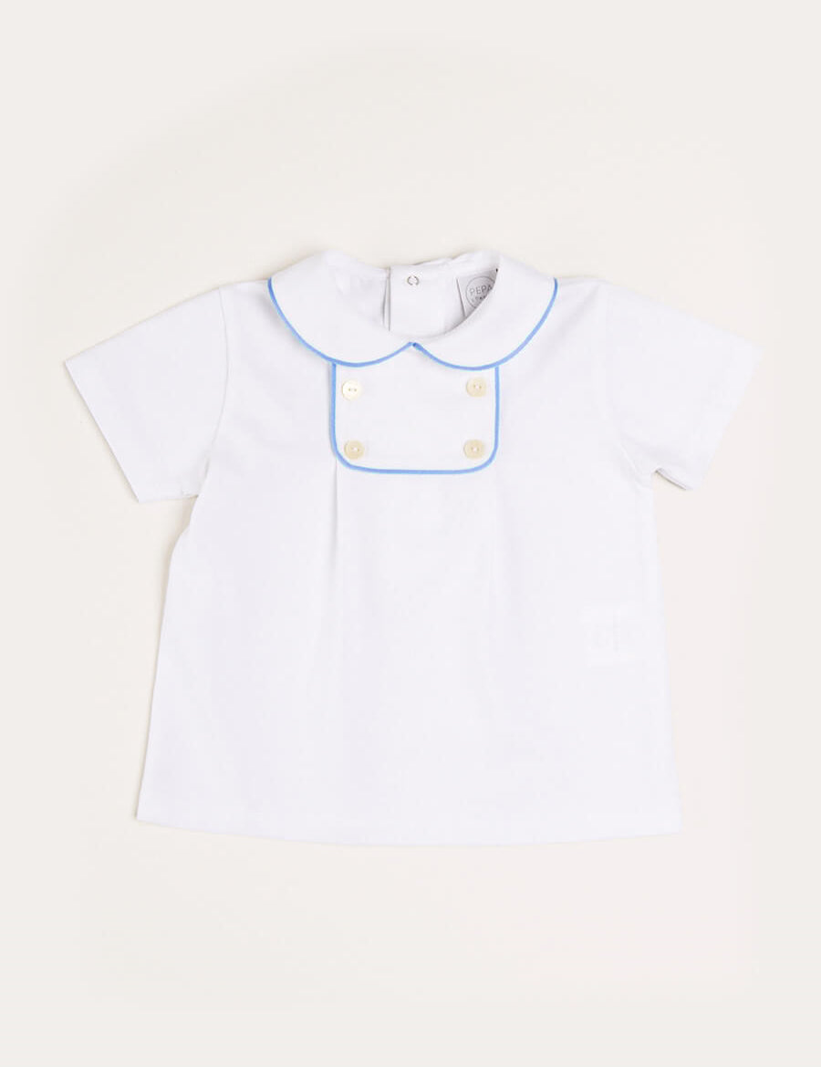 Peter Pan Collar Button Detail Short Sleeve Top in Blue (12mths-5yrs) Tops & Bodysuits  from Pepa London