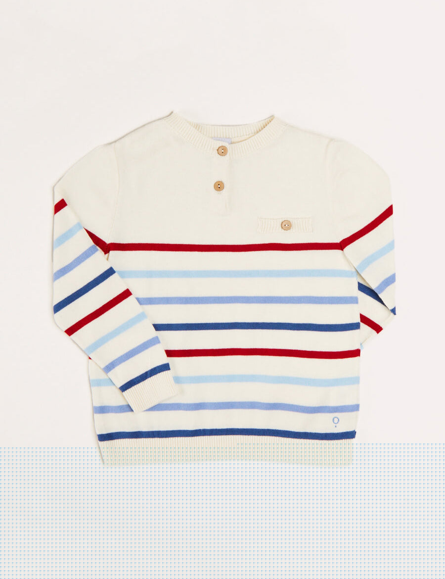 Striped Crewneck Button Detail Jumper in Red (12mths-10yrs) Knitwear  from Pepa London