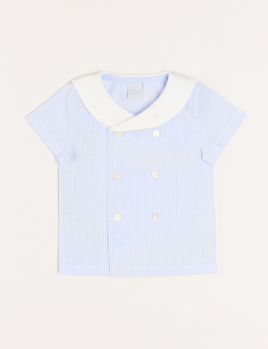 Striped Double Breasted Short Sleeve Shirt in Blue (12mths-4yrs) Shirts  from Pepa London