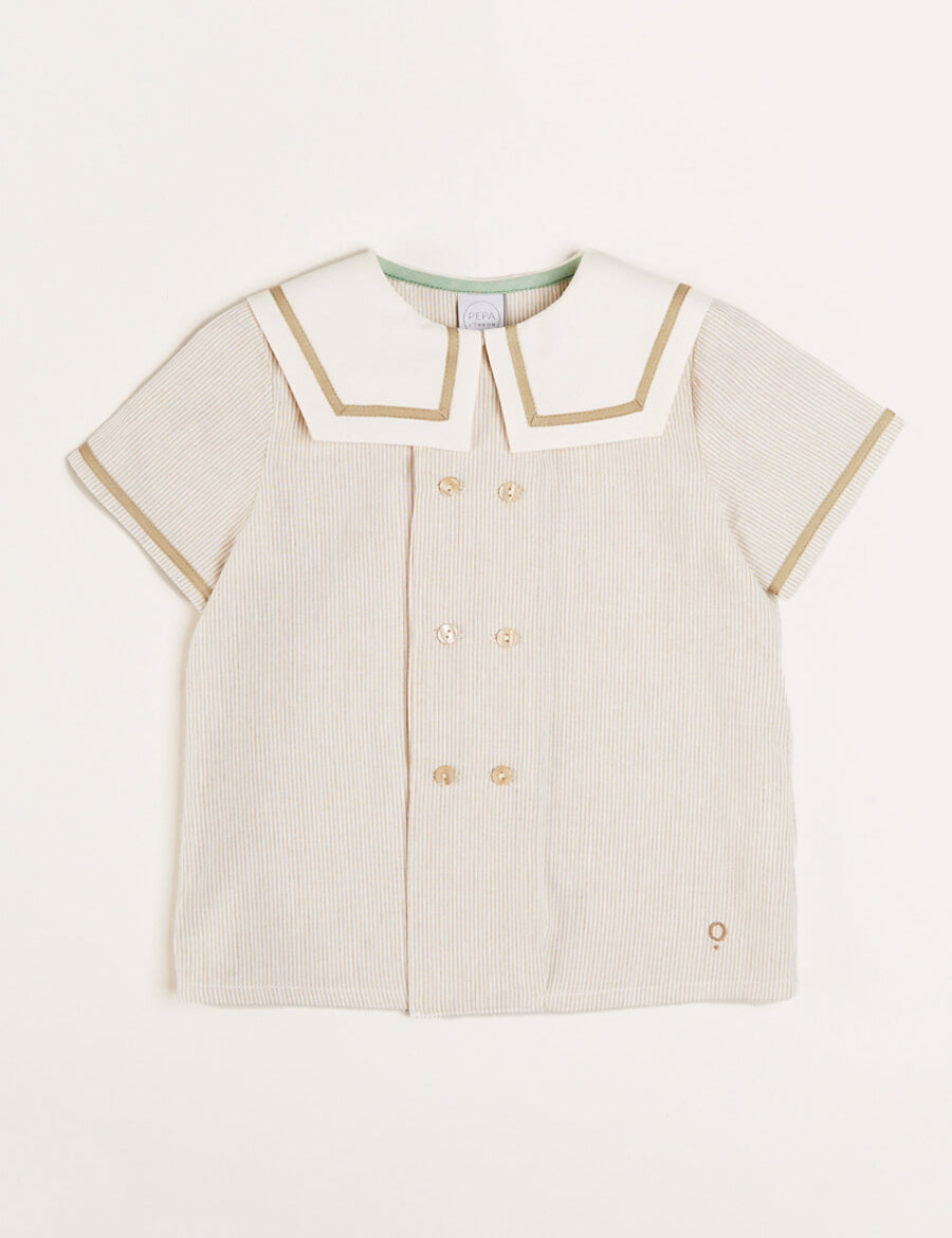 Striped Mariner Collar Short Sleeve Shirt in Beige (12mths-6yrs) Shirts from Pepa London