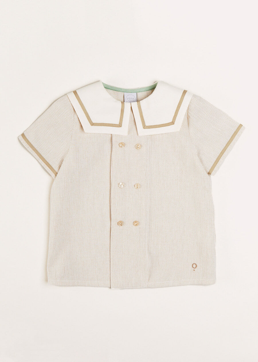 Striped Mariner Collar Short Sleeve Shirt in Beige (12mths-6yrs) Shirts from Pepa London