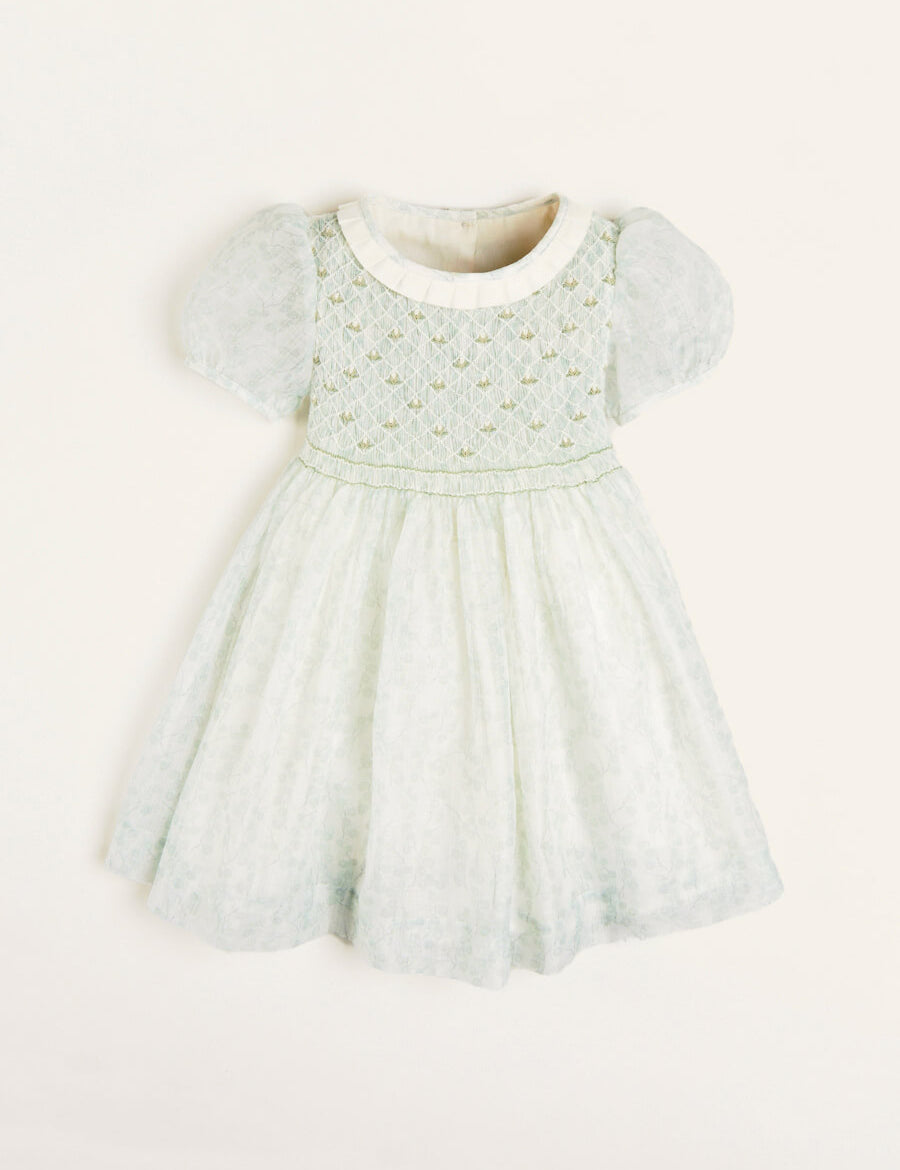 Constance Floral Print Hand Smocked Short Sleeve Party Dress in Light Green (12m-10yrs) Dresses from Pepa London