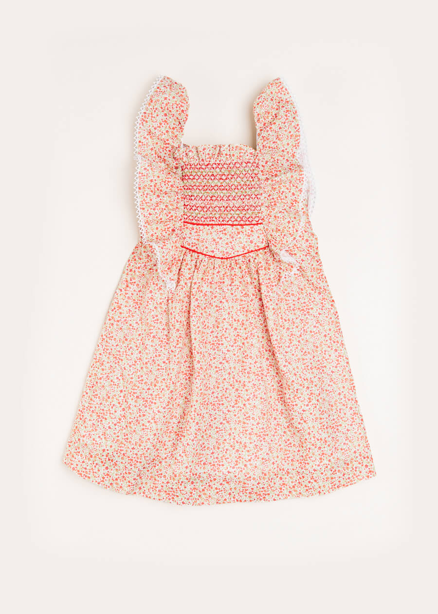 Emma Floral Print Smocked Sleeveless Dress in Red (12mths-10yrs) Dresses  from Pepa London