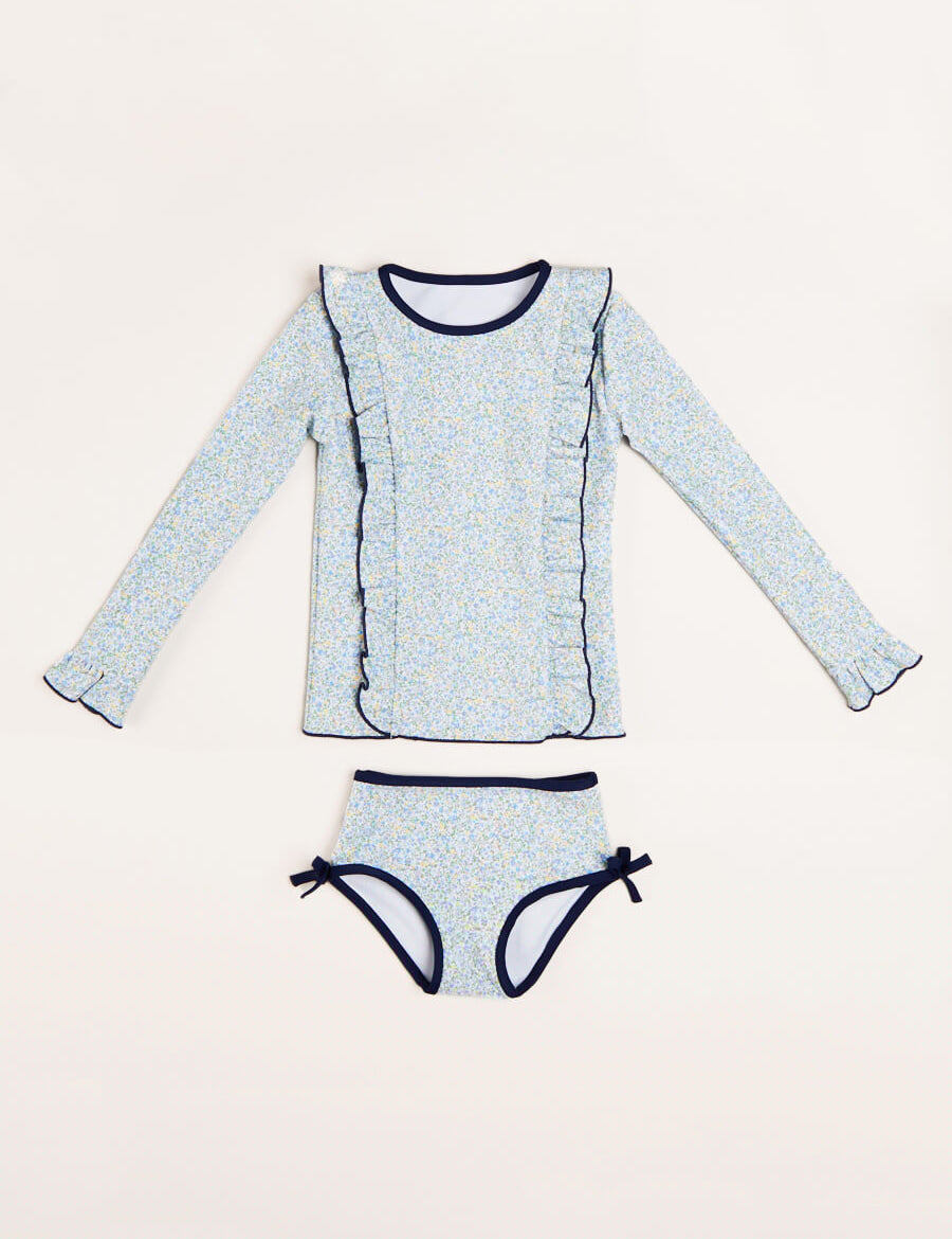 Matilda Floral Print Ruffle Trim Long Sleeve Swim Set in Blue (12mths-6yrs) Swimwear  from Pepa London