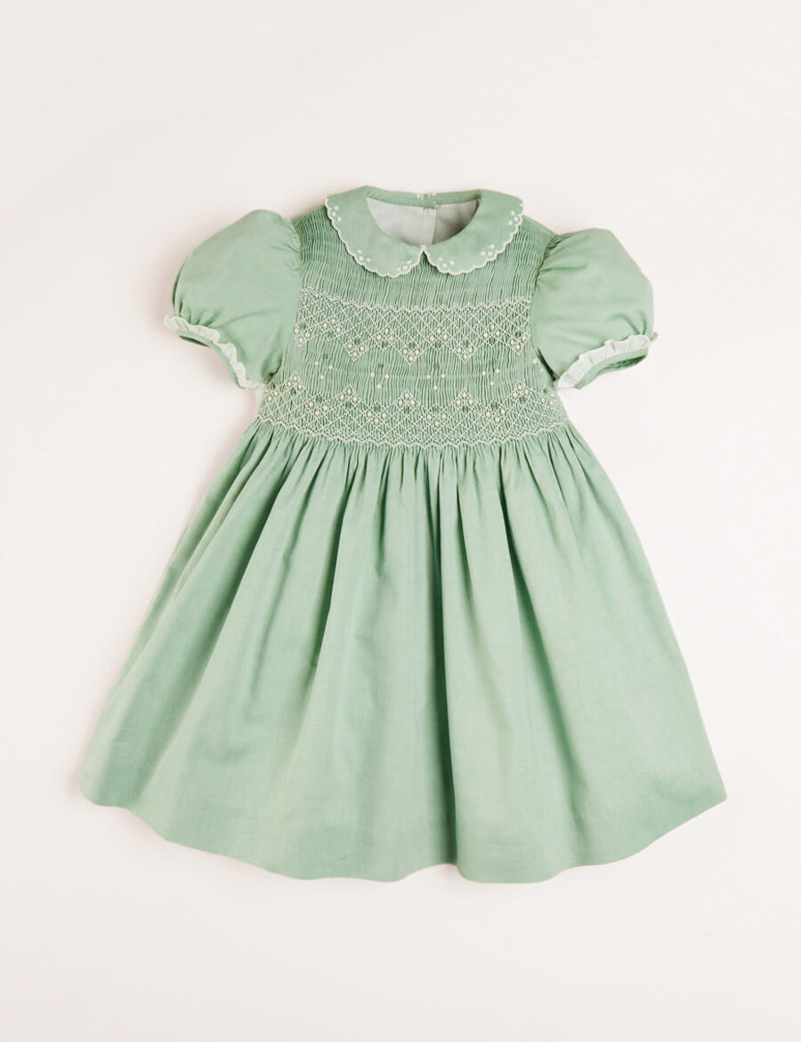 Hand Smocked Peter Pan Collar Short Sleeve Dress in Green (12mths-10yrs) Dresses  from Pepa London