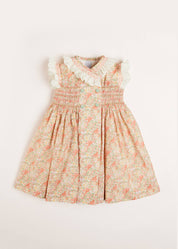 Sophie Floral Print Hand Smocked Double Breasted Dress in Peach (12mths-10yrs) Dresses  from Pepa London